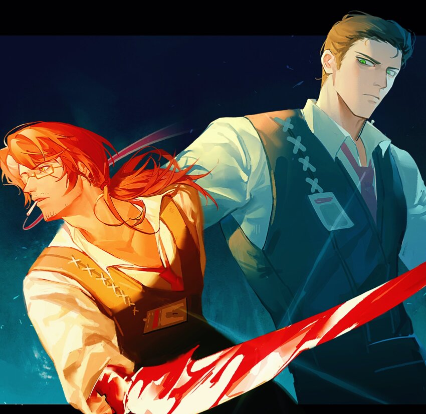 2boys arthropod_limbs black_hair blood blood_on_arm blue_eyes blue_theme cigarette collared_shirt curtained_hair facial_hair glass gregor_(project_moon) hair_slicked_back highres id_card jing84672940 lcb_uniform_(project_moon) letterboxed limbus_company looking_down male_focus meursault_(project_moon) multiple_boys multiple_monochrome necktie open_clothes open_shirt project_moon red_hair red_necktie red_theme shirt smoking stubble sunlight two-tone_background upper_body white_shirt