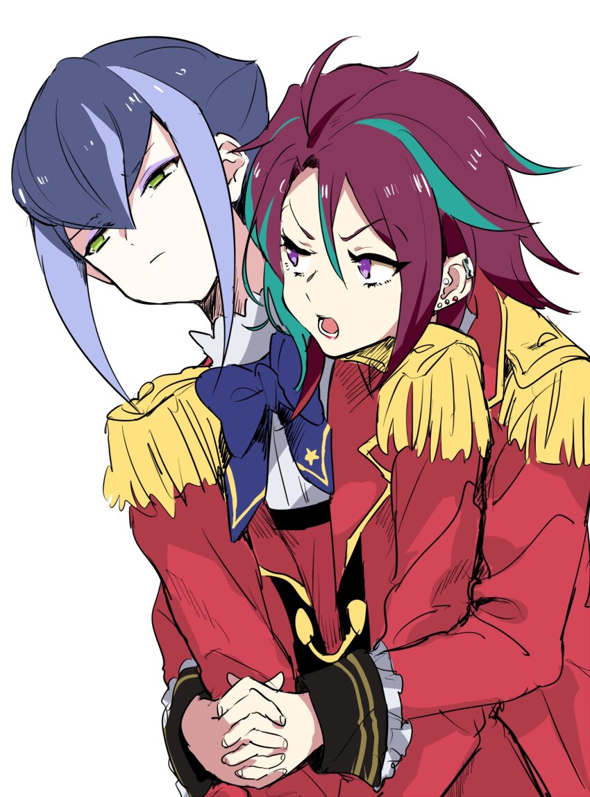 2girls aikatsu!_(series) aikatsu_stars! blue_bow blue_bowtie blue_hair bow bowtie closed_mouth earrings epaulettes expressionless furrowed_brow green_eyes hair_between_eyes hibiki_anna highres hug hug_from_behind interlocked_fingers jacket jewelry long_hair long_sleeves looking_at_another looking_to_the_side multicolored_hair multiple_girls open_mouth own_hands_together purple_eyes red_jacket red_lips s4_uniform shiontaso shirt short_hair simple_background streaked_hair upper_body white_background white_shirt yachigusa_momoko