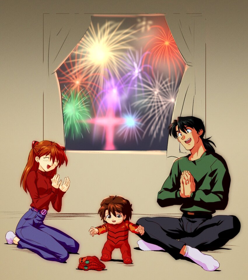 1boy 1girl 1other :d amondetauro black_hair black_pants blue_pants bodysuit brown_hair child family fireworks green_sweater half_updo highres if_they_mated indian_style interface_headset_(evangelion) kaji_ryouji low_ponytail neon_genesis_evangelion new_year open_mouth orange_hair pants ponytail red_bodysuit red_sweater seiza sitting smile socks souryuu_asuka_langley sweater white_socks