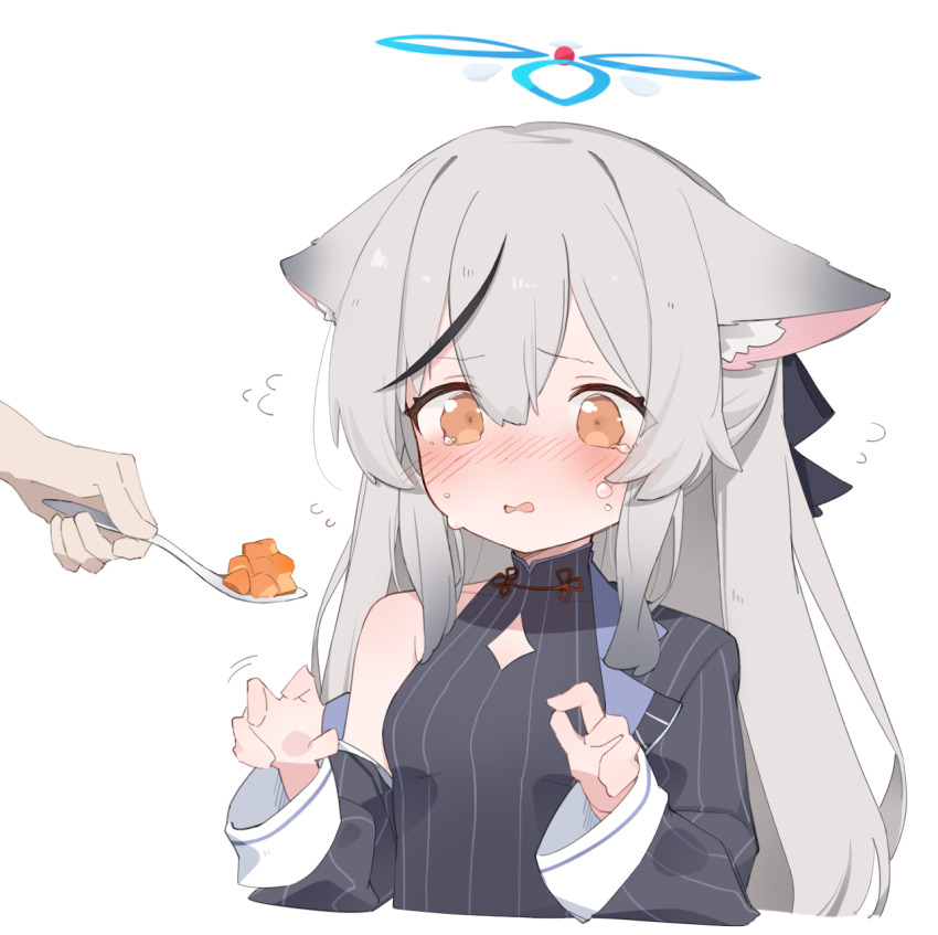 1girl animal_ear_fluff animal_ears black_dress black_jacket black_ribbon black_streaks blue_archive blue_halo blush breasts brown_eyes china_dress chinese_clothes clothing_cutout collarbone commentary diamond_cutout disembodied_hand dot_nose double-parted_bangs dress flying_sweatdrops full-face_blush grey_hair hair_between_eyes hair_ribbon halo hands_up highres holding holding_spoon jacket kokona_(blue_archive) long_hair long_sleeves looking_at_object multicolored_hair multicolored_halo nervous no_pupils open_mouth raised_inner_eyebrows red_halo ribbon sidelocks simple_background single_bare_shoulder single_off_shoulder sleeveless small_breasts solo spoon streaked_hair striped_clothes striped_dress striped_jacket tearing_up tears tiger_ears tiger_girl tntl_nemui two-tone_hair upper_body vertical-striped_clothes vertical-striped_dress vertical-striped_jacket very_long_hair wavy_eyes wavy_mouth white_background