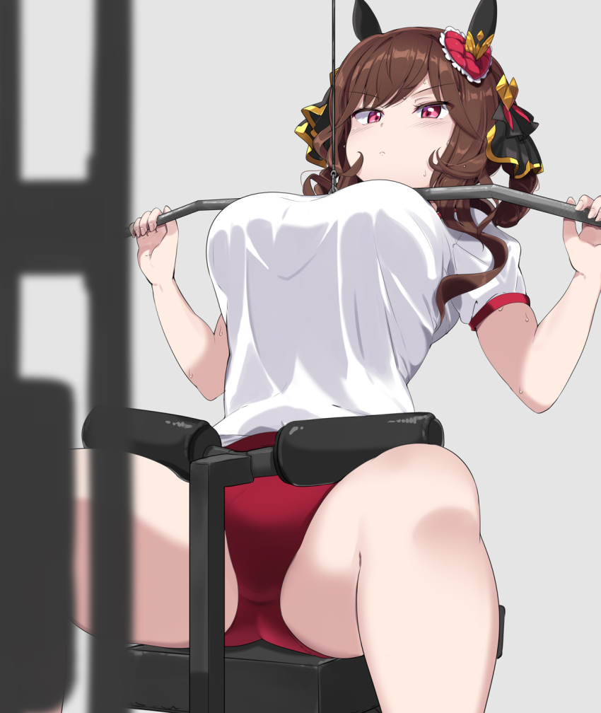 1girl animal_ears breasts brown_hair buruma exercise_machine exercising gentildonna_(umamusume) gym_shirt gym_uniform hair_ornament hair_rings highres horse_ears horse_girl large_breasts mamo_williams red_buruma red_eyes shirt solo thighs umamusume weight_machine white_shirt