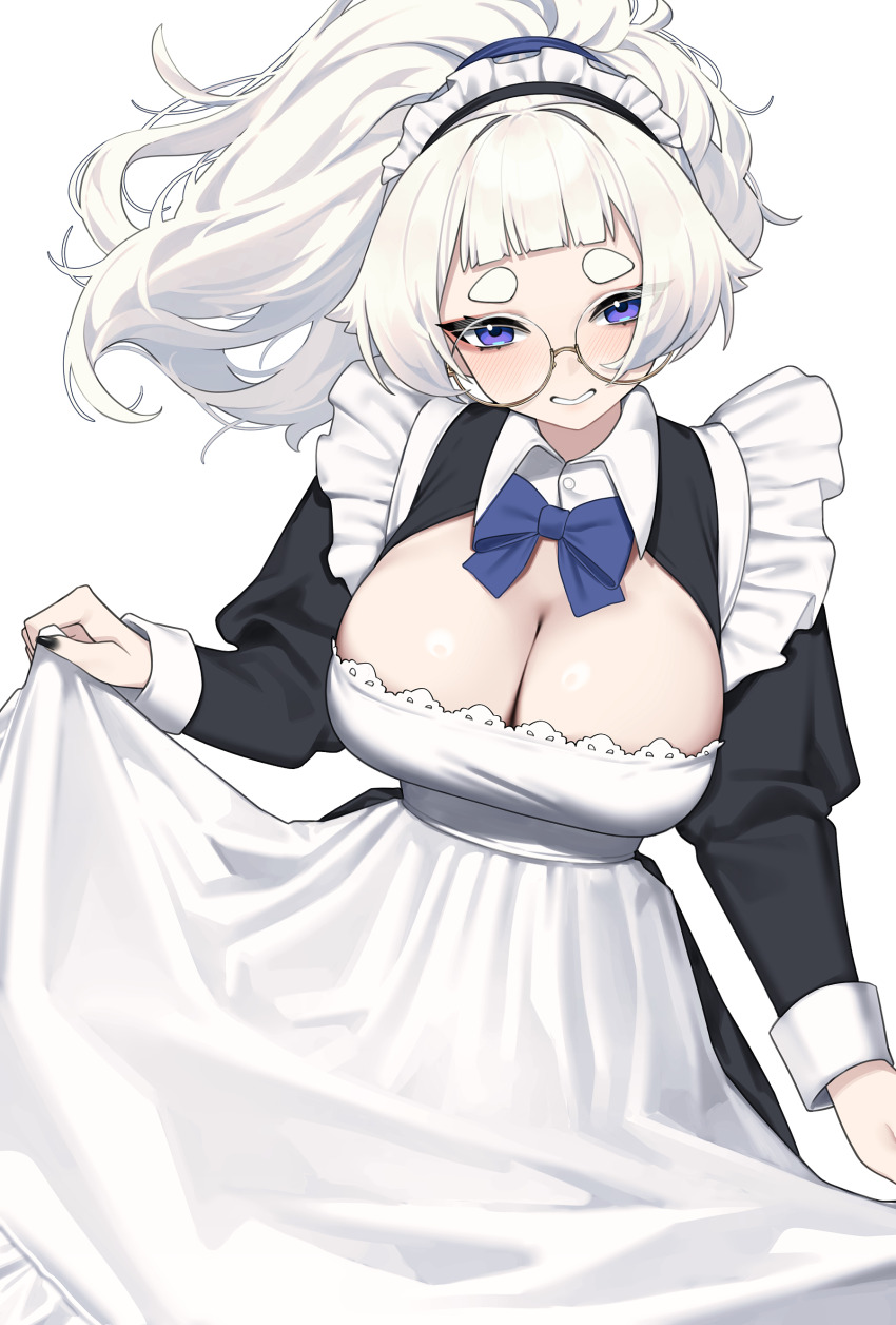 1girl absurdres black_dress blue_bow blue_bowtie blue_eyes blunt_bangs blush bow bowtie breasts cleavage commentary dress glasses highres juliet_sleeves large_breasts long_hair long_sleeves looking_at_viewer maid_headdress meg_(wakamepiza) original ponytail puffy_sleeves short_bangs short_eyebrows simple_background skirt_hold smile solo symbol-only_commentary thick_eyebrows wakamepiza white_background white_hair white_headdress