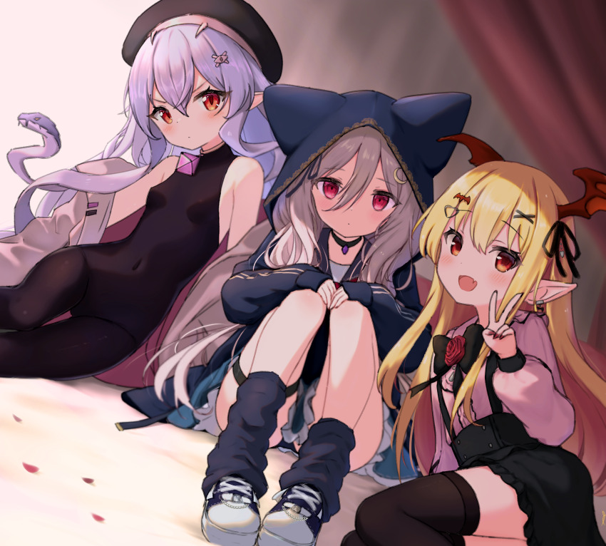 3girls absurdres animal_ear_hood bare_shoulders black_bodysuit black_skirt black_thighhighs blonde_hair blush bodysuit breasts covered_navel fake_animal_ears flat_chest granblue_fantasy grey_hair hat head_wings highres hood jacket jia_wenyuan jirai_kei long_hair looking_at_viewer loose_socks medusa_(shingeki_no_bahamut) multiple_girls off_shoulder open_clothes open_jacket pink_shirt pointy_ears red_eyes shadowverse shirt shoes signa_(shadowverse) sitting skirt small_breasts smile snake sneakers socks thigh_gap thighhighs v vampy wings