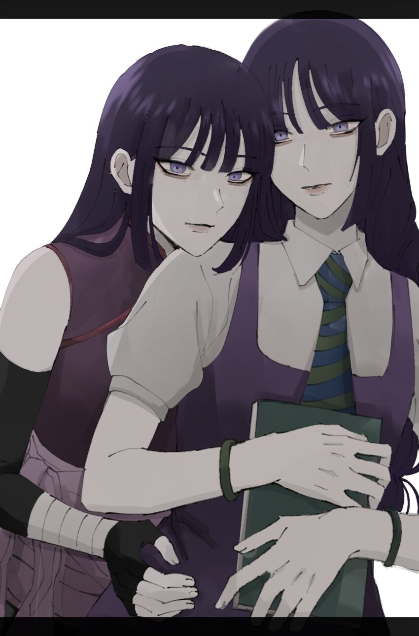 2girls black_gloves book boruto:_naruto_next_generations boruto:_two_blue_vortex bracelet commentary dress dual_persona elbow_gloves english_commentary fingerless_gloves gloves highres holding holding_book ifevilwhyuhot jewelry kakei_sumire letterboxed long_hair multiple_girls naruto_(series) necktie purple_dress purple_eyes purple_hair striped_necktie