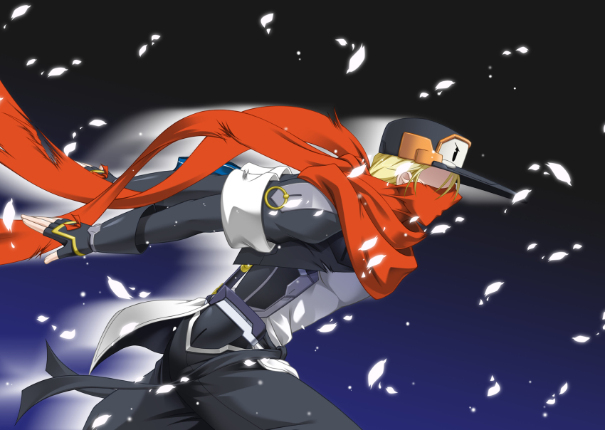 1boy blonde_hair bodysuit bow fana fingerless_gloves gloves hat highres kyoukaisenjou_no_horizon male_focus ninja petals running scarf short_hair solo tenzou_crossunite