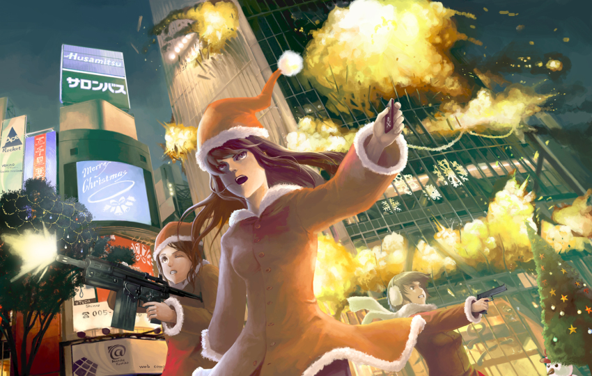 3girls action brown_hair building christmas city coat earmuffs explosion gun hat hiraoka_masamune long_hair multiple_girls muzzle_device night original santa_hat scarf skyscraper terrorism weapon winter_clothes