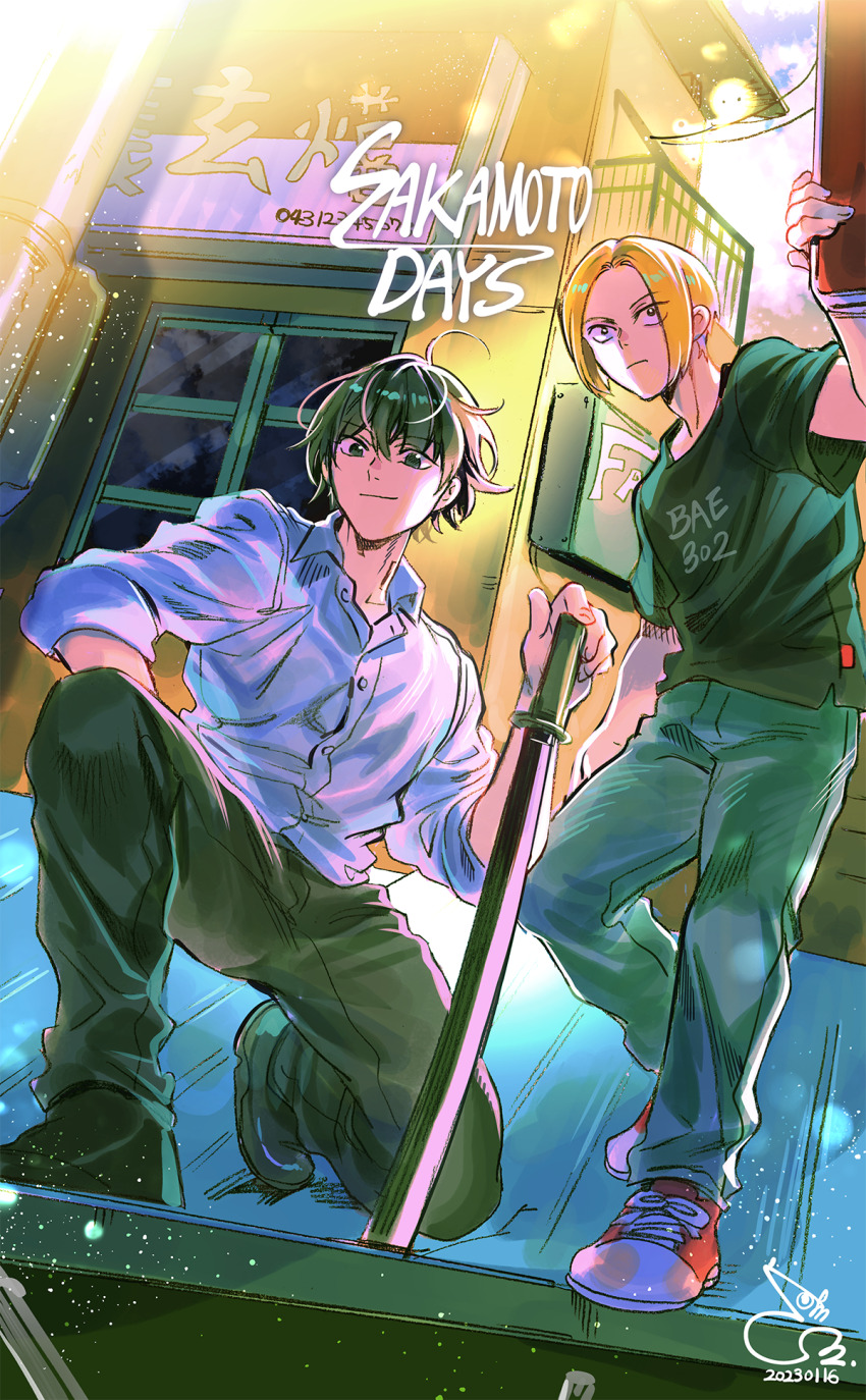 2boys bae_(baebae) black_footwear black_hair black_pants black_shirt blonde_hair copyright_name dated day denim hand_up highres multiple_boys nagumo_(sakamoto_days) outdoors pants planted planted_sword planted_weapon red_footwear sakamoto_days shin_(sakamoto_days) shirt shoes short_hair sneakers standing sword t-shirt weapon