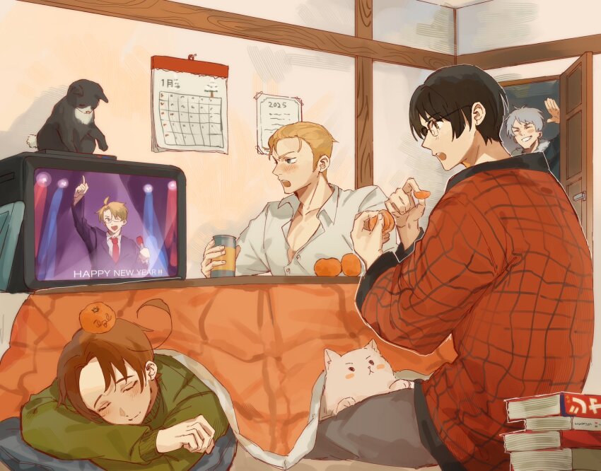 5boys ahoge america_(hetalia) animal_ears animal_nose arm_up axis_powers_hetalia black-framed_eyewear black_cat black_hair black_jacket blonde_hair blue_eyes blush book book_stack brothers brown_eyes brown_hair buttons calendar_(object) cat cat_ears cat_tail checkered_haori closed_eyes closed_mouth collarbone collared_shirt cup dog dog_ears english_text food fruit fur-trimmed_jacket fur_trim germany_(hetalia) glasses green_sweater grey_hair grey_pants hands_up haori happy_new_year highres hkym_kk holding holding_cup holding_food holding_fruit holding_microphone index_finger_raised indoors jacket japan_(hetalia) japanese_clothes lapels long_sleeves looking_at_object lying mandarin_orange microphone multiple_boys necktie new_year northern_italy_(hetalia) on_stomach one_eye_closed open_door open_mouth pants pet pillow prussia_(hetalia) puffy_long_sleeves puffy_sleeves red_necktie shirt short_hair siblings sitting smile stage_lights suit_jacket sweater table tail teeth television v-shaped_eyebrows watching_television white_dog wide_sleeves