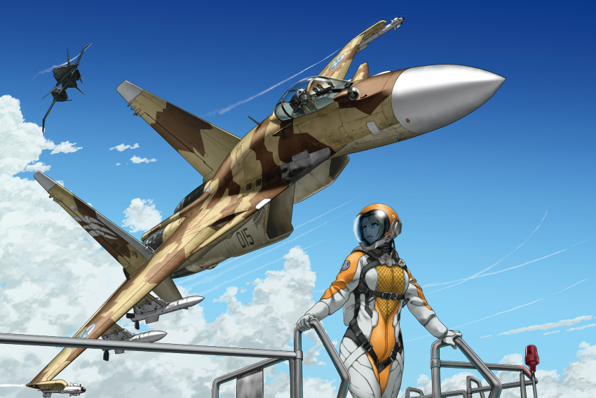 1boy 1girl ace_combat ace_combat_7 adf-11f_raven air-to-air_missile aircraft airplane alarm_siren belt_buckle blonde_hair blue_eyes blue_sky bodysuit breasts buckle canopy_(aircraft) claw_mark cloud cockpit commentary_request contrail fighter_jet gloves hand_on_railing helmet henshako highres korean_commentary medium_breasts military_vehicle missile open_mouth orange_bodysuit osean_flag outdoors parachute pilot_helmet r-73_vympel r-77_vympel railing rosa_cossette_d&#039;elise roundel sin_lines sky smoke smoke_trail su-37 trigger_(ace_combat) two-tone_bodysuit unit_patch unmanned_aerial_vehicle white_bodysuit white_gloves