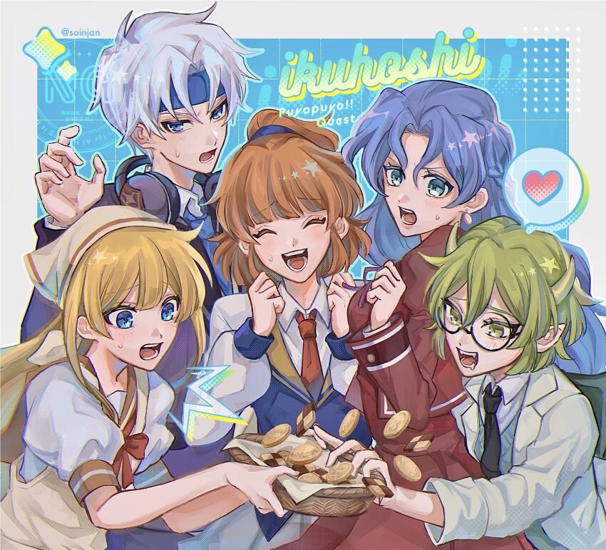 1boy 4girls :o ^^^ ^_^ apron arle_nadja black_necktie blonde_hair blue_background blue_eyes blue_hair blue_headband blue_outline blue_sweater_vest blunt_bangs border bow bowl bowtie brown_hair checkerboard_cookie closed_eyes coat collared_shirt commentary cookie copyright_name draco_centauros dragon_horns dress drooling fangs food furrowed_brow green_eyes green_hair grey_hair grid_background hair_between_eyes hand_up hands_up headband headphones headphones_around_neck headscarf heart high_ponytail highres holding holding_bowl horns jacket juliet_sleeves lab_coat long_hair long_sleeves mouth_drool multiple_girls neck_ribbon necktie open_clothes open_coat open_jacket open_mouth orange_hair outline outside_border parted_bangs pointy_ears ponytail puffy_short_sleeves puffy_sleeves purple_ribbon puyopuyo puyopuyo_quest red_bow red_dress red_jacket red_necktie ribbon rulue_(puyopuyo) schezo_wegey school_uniform shirt short_hair short_sleeves simple_background smile soinjan speech_bubble spoken_heart star_(symbol) star_in_eye sweat sweater_vest symbol_in_eye tripping white_border white_coat white_shirt wing_collar witch_(puyopuyo)