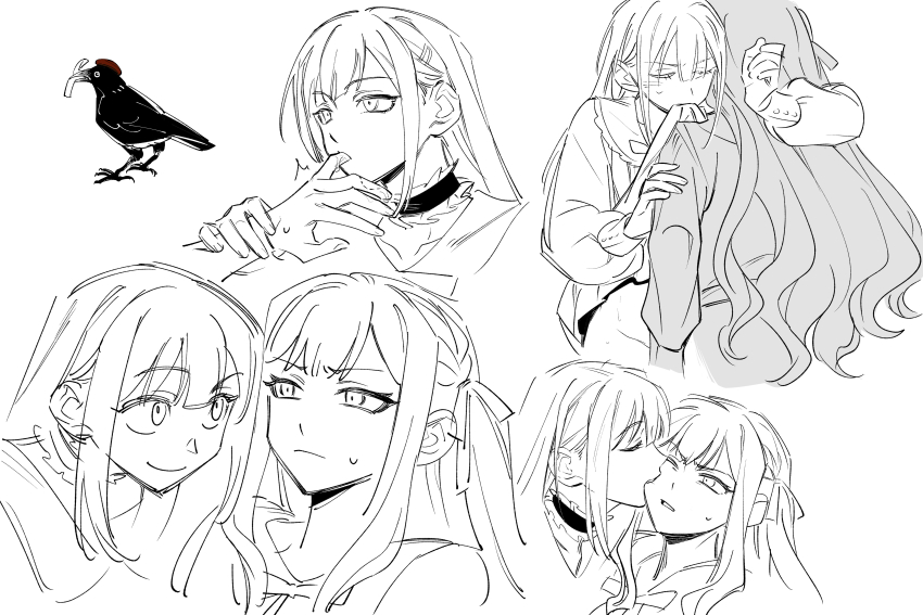 2girls absurdres animalization bang_dream! bang_dream!_it&#039;s_mygo!!!!! bird bite_mark_on_hand biting biting_cheek choker closed_eyes closed_mouth clothes_in_mouth commentary crow finger_in_another&#039;s_mouth finger_sucking frilled_choker frills greyscale hair_ornament hair_ribbon hairclip highres implied_fingering long_hair long_sleeves looking_at_another monochrome mortis_(bang_dream!) mortis_(persona)_(bang_dream!) mouth_hold multiple_girls nideaneng ribbon saliva shirt_in_mouth smile sweatdrop togawa_sakiko two_side_up wakaba_mutsumi yuri