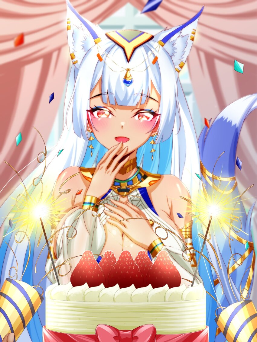 1a1acthulhu 1girl animal_ear_fluff animal_ears blue_eyeshadow blue_hair blush breasts cake cleavage colored_inner_hair earrings eyeshadow fireworks food fruit gold_collar hand_on_own_chest highres indie_virtual_youtuber jackal_ears jewelry long_hair makeup multicolored_hair nairu_nirvana open_mouth party_popper red_eyes second-party_source solo sparkler strawberry tail tan upper_body virtual_youtuber white_hair
