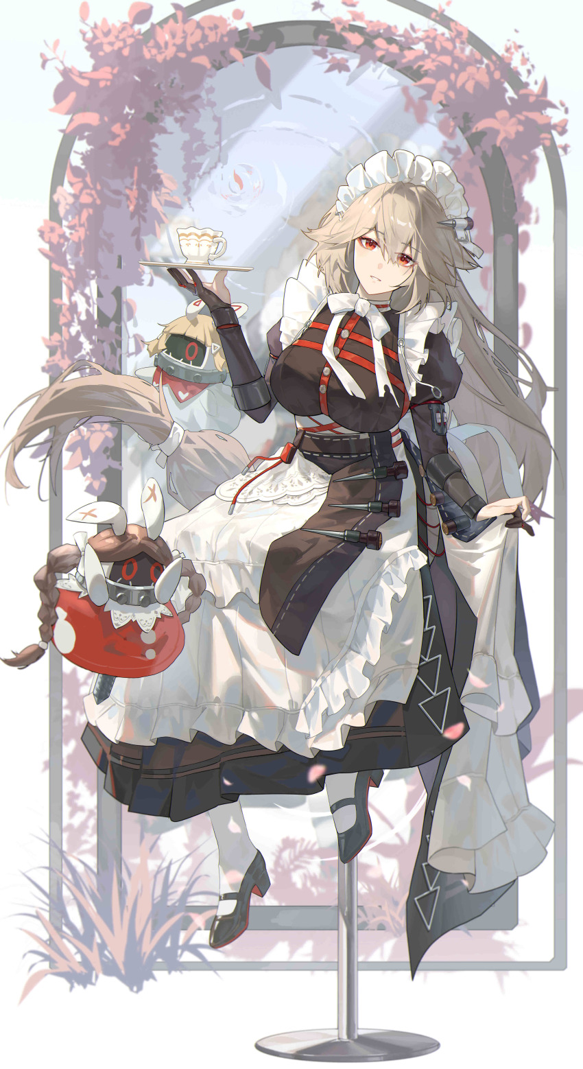 1girl absurdres alexandrina_sebastiane alin_leng_bu_sheng anastella_(zenless_zone_zero) apron bangboo_(zenless_zone_zero) black_dress black_shoes bow bowtie breasts chest_harness dress drusilla_(zenless_zone_zero) full_body grey_hair harness high_heels highres holding holding_plate large_breasts long_hair long_sleeves looking_at_viewer maid_headdress plate red_eyes shoes smile very_long_hair white_apron white_bow white_bowtie zenless_zone_zero