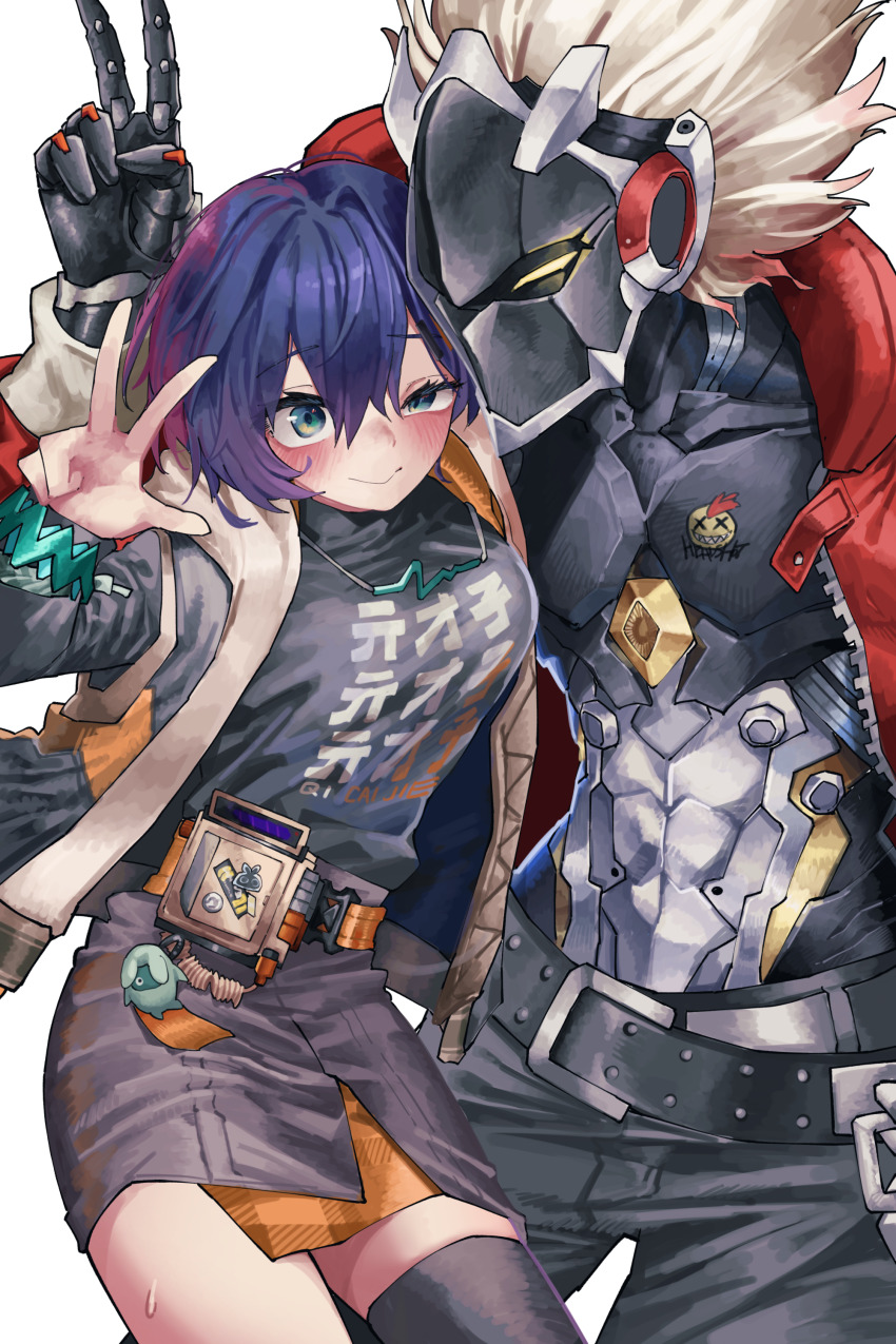 1boy 1girl belle_(zenless_zone_zero) billy_kid black_pants black_shirt black_thighhighs blue_eyes blue_hair blush breasts large_breasts looking_at_viewer pants shirt t-shirt thighhighs v vivo_(vivo_sun_0222) zenless_zone_zero