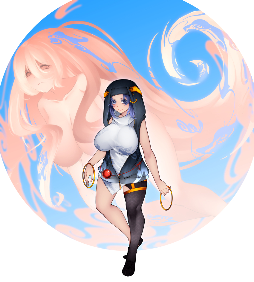 alternate_costume aoshima bare_shoulders blue_hair breasts commentary_request dress genderswap genderswap_(mtf) hair_censor highres hood hoop huge_breasts jacket kumoi_ichirin sleeveless sleeveless_dress sleeveless_jacket touhou unzan