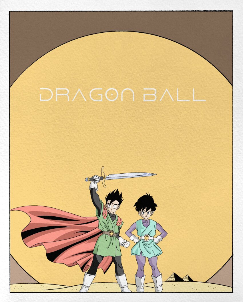 1boy 1girl black_hair cape dragon_ball dragonball_z dune:_part_two dune_(series) highres holding holding_sword holding_weapon parody red_cape sand short_hair son_gohan sun sword videl weapon wesatinthecar