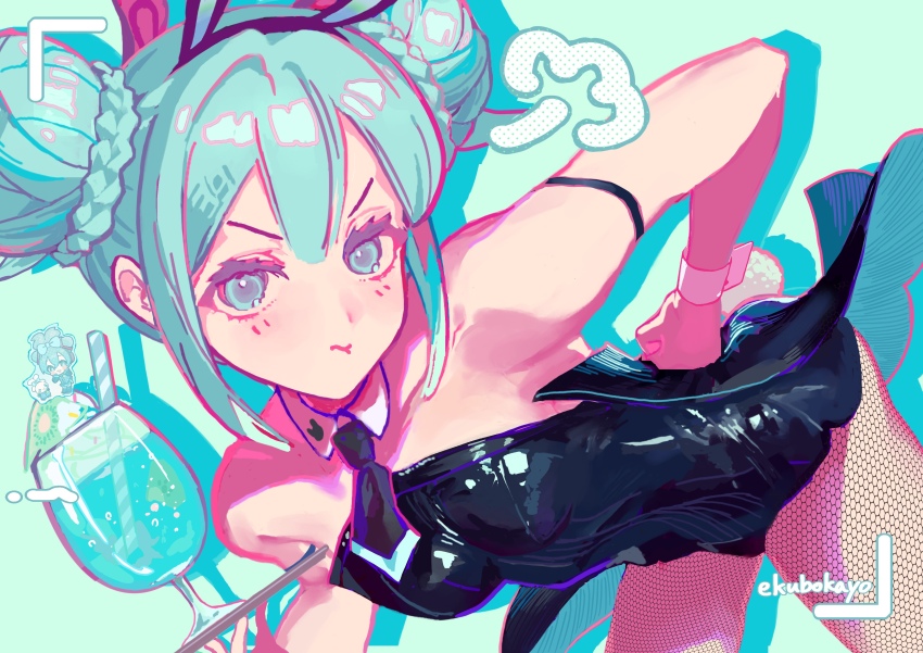 1girl absurdres animal_ear_hairband animal_ears aqua_background aqua_eyes aqua_theme bicute_bunnies_miku bicute_bunnies_miku_(kuroboshi) black_leotard black_necktie breasts bun_with_braided_base cinnamiku cinnamoroll collar commentary detached_collar double_bun drink drinking_straw ekubokayo fake_animal_ears fake_tail fishnet_pantyhose fishnets food fruit fuwa_fuwa_cinnamoroll hair_between_eyes hair_bun hairband hatsune_miku highres holding kiwi_(fruit) leotard looking_at_viewer miku_day necktie pantyhose pout rabbit_ears rabbit_tail sanrio solo tail vocaloid white_collar white_wrist_cuffs wrist_cuffs