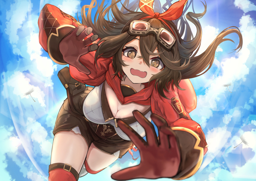 1girl amber_(genshin_impact) backlighting blue_sky blush breasts brown_gloves brown_hair brown_shorts cleavage cleavage_cutout clothing_cutout cloud cloudy_sky genshin_impact gloves goggles goggles_on_head hair_ribbon highres jacket long_hair minksama open_mouth red_jacket red_ribbon ribbon shorts sky solo sunlight thighhighs very_long_hair yellow_eyes zettai_ryouiki
