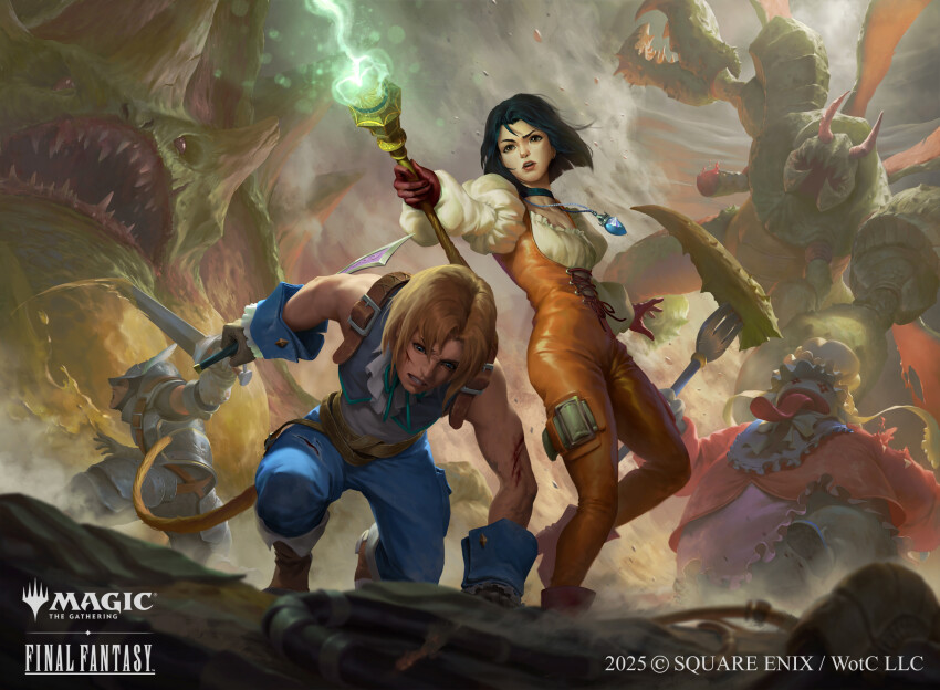1girl 1other 2boys adelbert_steiner apron armor b03di blonde_hair bodysuit chef_hat dagger final_fantasy final_fantasy_ix fork garnet_til_alexandros_xvii glowing_staff hat highres holding holding_dagger holding_fork holding_knife holding_weapon knife lace-up_top long_tongue mage_staff magic:_the_gathering monkey_tail monster multiple_boys official_alternate_hairstyle official_art orange_bodysuit quina_quen reverse_grip short_hair slashing sword tail tongue weapon zidane_tribal