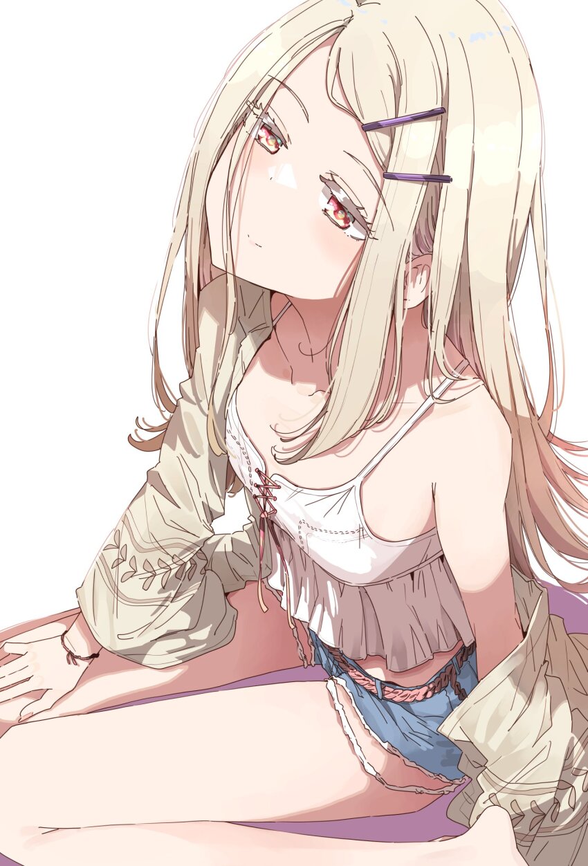 1girl bare_legs barefoot blonde_hair blush breasts camisole collarbone colored_eyelashes denim denim_shorts gakuen_idolmaster highres idolmaster long_hair looking_ahead nyoijizai orange_eyes robe shinosawa_hiro short_shorts shorts simple_background single_bare_shoulder sitting small_breasts smile solo very_long_hair wariza white_background white_camisole white_robe