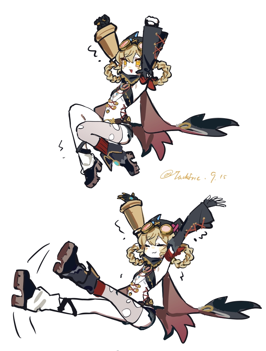 1girl ? absurdres arm_up armpits arms_up asymmetrical_legwear bandaid black_gloves black_shorts blonde_hair boots braid braided_hair_rings cape closed_eyes closed_mouth dated deformed detached_sleeves fingerless_gloves full_body genshin_impact gloves goggles goggles_on_head hair_rings highres jahoda_(genshin_impact) leg_warmers long_sleeves multiple_views open_mouth short_shorts shorts simple_background single_thighhigh socks star-shaped_pupils star_(symbol) stretching symbol-shaped_pupils tackfrie thighhighs torn_clothes twin_braids white_background yellow_eyes