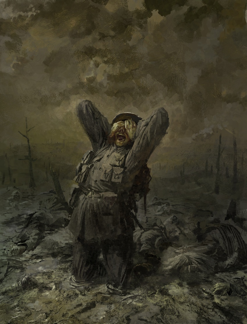 1boy absurdres ammunition_pouch bare_tree cloud cloudy_sky corpse covering_own_eyes dark green_theme grey_sky highres military_uniform mud open_mouth original pouch scenery sky soldier tree war whaleoil