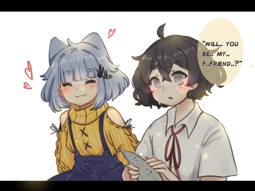 2girls :3 ^_^ absurdres ahoge animal_ears artist_name bare_shoulders black_hair blind sophie_(popopoka) blunt_bangs borrowed_character cat_ears closed_eyes collared_shirt commentary crossed_bangs crying english_commentary english_text facing_viewer freckles grey_eyes grey_shirt hair_between_eyes heart highres holding letterboxed multiple_girls neck_ribbon neqo_(neneneqo) original overalls red_ribbon ribbon shirt short_sleeves smile sweater tears white_shirt yellow_sweater