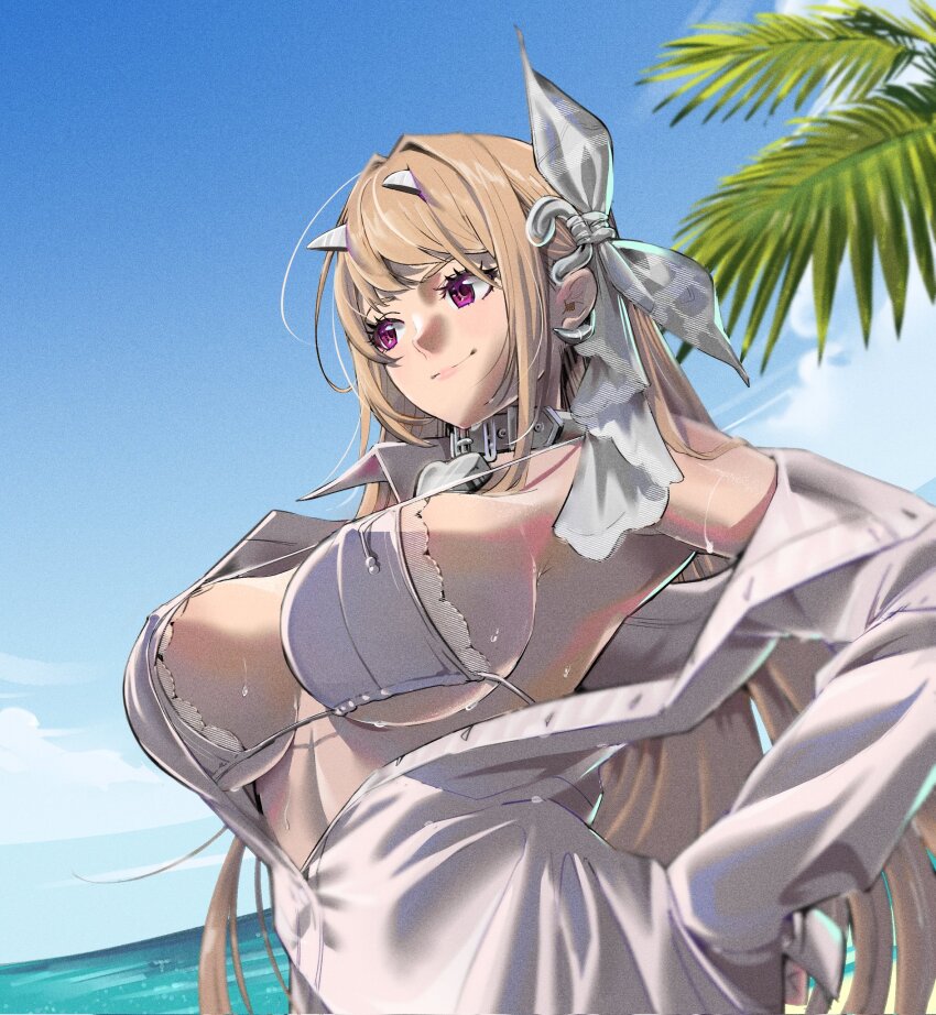 1girl bikini bikini_under_clothes blue_sky breasts brown_hair closed_mouth cloud cloudy_sky collar collared_shirt commentary commentary_typo day english_commentary eyelashes from_side goddess_of_victory:_nikke hair_intakes hair_ribbon hand_on_own_hip heart_collar highres horns lace lace-trimmed_bikini lace_trim large_breasts long_hair ocean official_alternate_costume open_clothes open_shirt outdoors palm_tree partially_unbuttoned purple_eyes ribbon rodrigo_yoshimiya shirt sideboob single_off_shoulder sky smile solo standing sweat swimsuit tree upper_body viper_(nikke) viper_(shine_of_love)_(nikke) white_bikini white_collar white_ribbon wing_collar