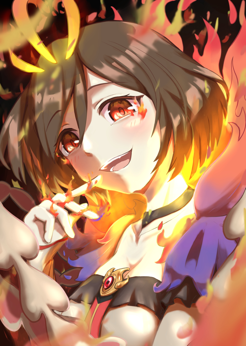 1girl absurdres brown_dress brown_hair choker collarbone commentary dress finger_to_mouth fire hand_up highres jewelry looking_at_viewer magical_mirai_(vocaloid) magical_mirai_meiko magical_mirai_meiko_(2021) meiko_(vocaloid) open_mouth pendant red_eyes short_hair smile solo upper_body vocaloid yukichi_(yu-ame)