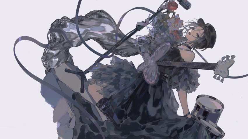 1girl absurdres bare_shoulders belt belt_boots black_boots black_dress black_hair black_hat black_lips black_nails boots bouquet choker closed_mouth dress drum drum_set dutch_angle flower frills from_side goth_fashion grey_hair grey_ribbon guitar hat highres holding holding_bouquet instrument knee_boots kneeling lace_trim lipstick looking_afar looking_at_viewer makeup microphone_stand nail_polish nana_(series) null024 off_shoulder osaki_nana red_flower red_rose rose short_hair sideways_glance simple_background skirt_hold solo themed_object