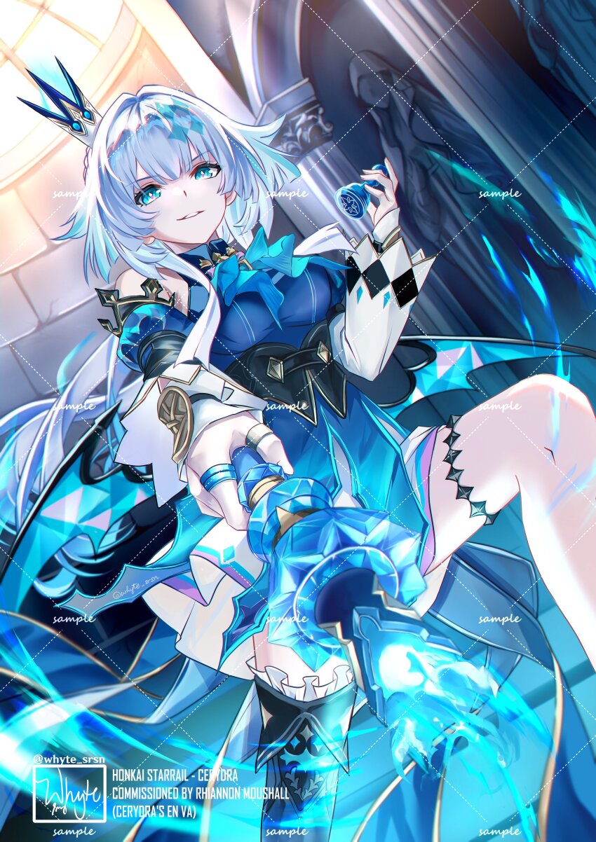 1girl absurdres blue_dress blue_eyes blue_hair breasts cerydra_(honkai:_star_rail) chess_piece commentary commission crossed_legs crown detached_sleeves dress english_commentary highres holding holding_chess_piece holding_scepter honkai:_star_rail honkai_(series) indoors long_hair looking_at_viewer medium_breasts scepter sitting solo statue very_long_hair whyte_srsn wings