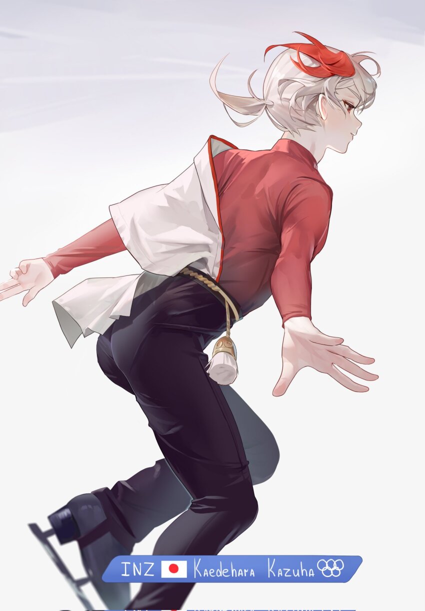 1boy alternate_costume arms_at_sides ass black_footwear black_pants blurry character_name closed_mouth english_text facing_away figure_skating from_behind from_side genshin_impact highres ice_skates ice_skating japanese_flag kaedehara_kazuha long_sleeves looking_away low_ponytail lu_luu99 male_focus multicolored_hair olympic_rings olympics outstretched_arms pants ponytail profile red_eyes red_hair red_shirt sash shirt short_hair simple_background skates skating solo streaked_hair tassel tight_clothes toned toned_male turtleneck white_background white_hair