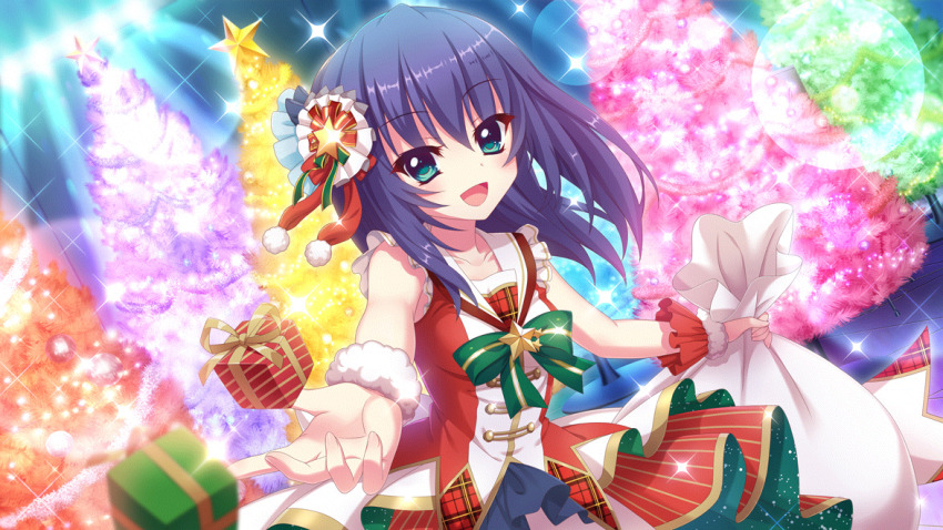 1girl aqua_eyes blue_hair bow box breasts christmas christmas_ornaments christmas_tree collarbone dot_nose dress dutch_angle film_grain game_cg gift gift_box green_bow green_skirt hair_ornament holding holding_sack honjou_kasumi idol idol_clothes indoors izumi_tsubasu lens_flare looking_at_viewer medium_breasts medium_hair non-web_source official_art open_mouth outstretched_arm pinstripe_pattern pinstripe_skirt plaid re:stage! red_dress red_skirt red_wrist_cuffs sack single_wrist_cuff skirt sleeveless sleeveless_dress smile solo sparkle stage_lights star_(symbol) tinsel two-sided_fabric two-sided_skirt two-tone_dress white_dress wrist_cuffs