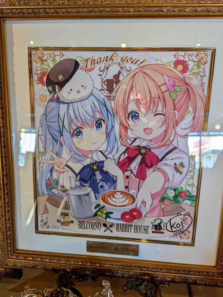 2girls :d absurdres angora_rabbit apron arm_around_shoulder artist_name beret blue_apron blue_bow blue_eyes blue_hair blue_pupils blue_theme blush border bow breasts bright_pupils buttons cherry_blossoms closed_mouth collared_shirt color_coordination commentary commentary_request dated dot_nose english_commentary english_text finger_on_lens flower gift_art gochuumon_wa_usagi_desu_ka? hair_flower hair_ornament hat highres holding holding_plate hoto_cocoa italian_flag italian_text kafuu_chino koi_(koisan) latte_art light_blue_hair logo long_hair looking_at_viewer matching_hairstyle matching_outfits medium_hair multiple_girls official_alternate_hairstyle official_art one_eye_closed open_mouth orange_hair ornate_border photo_(medium) pink_apron plate ponytail purple_eyes purple_pupils rabbit rabbit_house_uniform red_bow red_theme ribbon serving shirt short_sleeves signature small_breasts smile summer_uniform thank_you tippy_(gochiusa) upper_body v white_shirt