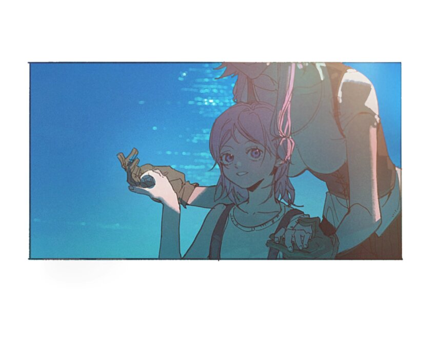 2girls blue_background border child ginny_(one_piece) gloves highres holding_hands jewelry_bonney looking_at_viewer mother_and_daughter multiple_girls ocean one_piece onecata11 outside_border parent_and_child parted_lips pink_eyes pink_hair shade shirt short_hair short_hair_with_long_locks short_sleeves sleeveless spoilers suspenders white_border white_shirt
