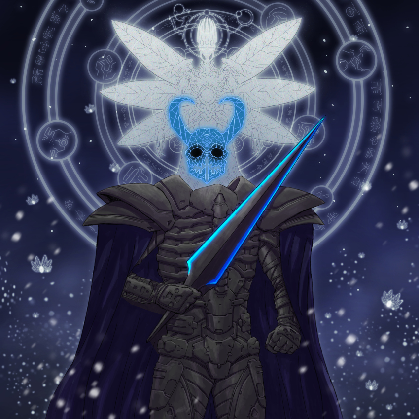 absurdres adapted_costume adi_(adivider) alternate_costume angel angel_wings armor black_armor black_eyes blade blank_eyes blue_cape blue_cloak bug butterfly butterfly_wings cape cloak cosplay crossover cyberpunk day_of_wrath_(infinitypilot) divine_entity doom_(2016) doom_(series) fantasy full_armor full_moon glowing glowing_sword glowing_weapon halo highres holding holding_sword holding_weapon hollow_eyes hollow_knight hologram horns humanization insect insect_wings khan_maykr knight_(hollow_knight) looking_at_viewer military moon nail_(hollow_knight) night night_sky original pale_king_(hollow_knight) personification science_fiction shoulder_armor skullhacker_(day_of_wrath) sky soldier solo sword weapon white_halo wings wireframe