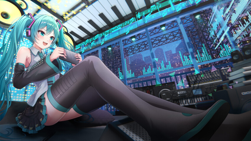 1girl :d absurdres agiri_(agiri_box) aqua_eyes aqua_hair aqua_necktie bare_shoulders beamed_eighth_notes beamed_sixteenth_notes black_boots black_skirt black_sleeves book book_stack boots cellphone collared_shirt detached_sleeves from_below full_body graphic_equalizer grey_shirt hatsune_miku headphones highres holding holding_phone indoors instrument knees_up long_hair long_sleeves looking_at_phone miniskirt musical_note musical_staff necktie on_ground open_mouth phone piano_keys playing_games pleated_skirt project_sekai quarter_note quarter_rest screen sharp_sign shirt sitting sixteenth_rest skirt sleeveless sleeveless_shirt smartphone smile solo speaker synthesizer teeth thigh_boots truss twintails upper_teeth_only very_long_hair vocaloid whole_rest