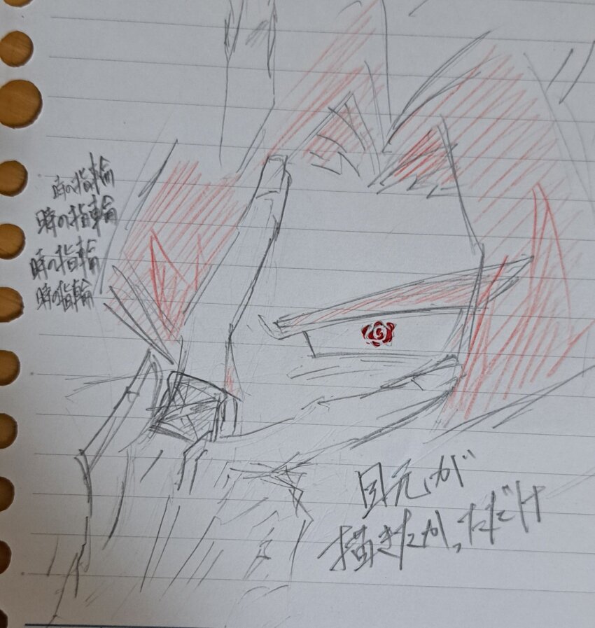 1boy dragon_ball dragon_ball_super flower goku_black highres japanese_text jewelry monochrome pink_hair red_eyes ring rose saiyan solo spiked_hair super_saiyan super_saiyan_rose traditional_media v621