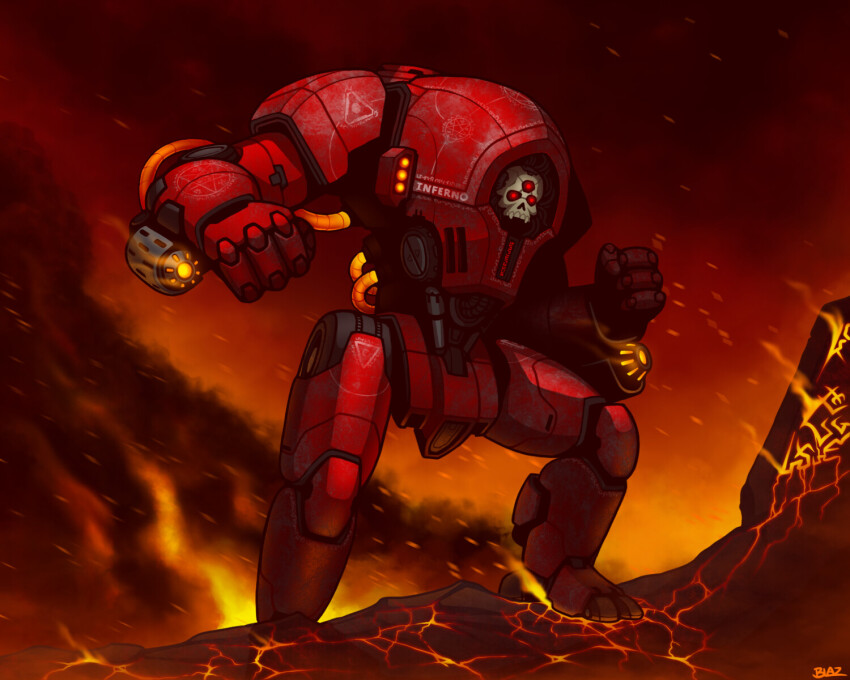 armor blaz_b._aros chipped_paint day_of_wrath_(infinitypilot) english_text extra_eyes fangs fire flamethrower glowing glowing_eyes glowing_hot hell highres hose light_particles mecha lava outdoors red_armor red_eyes red_sky robot rock science_fiction scorch_(titanfall_2) sharp_teeth sigil skull sky smoke teeth titanfall_(series) weapon
