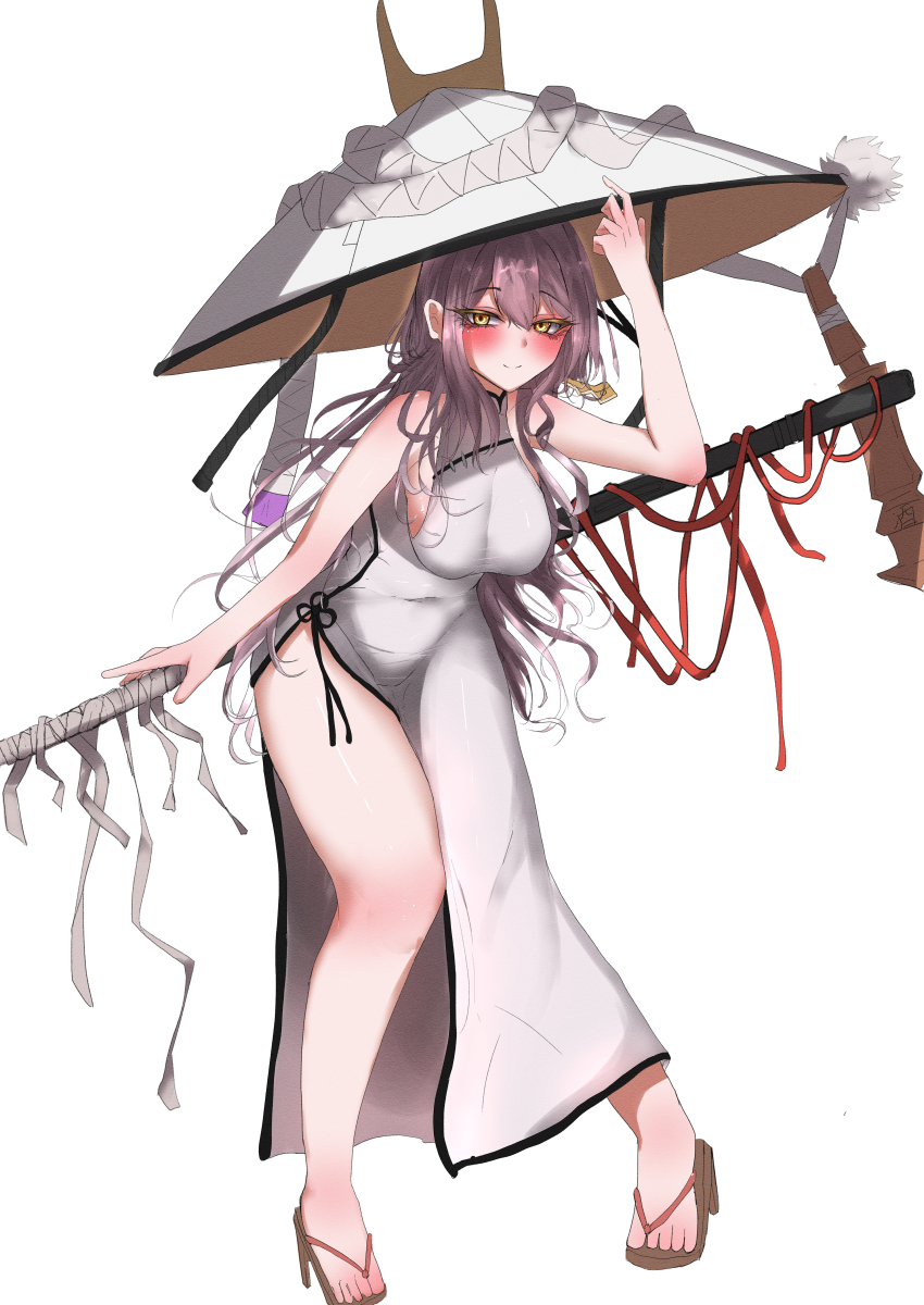1girl absurdres arm_guards blush breasts cleavage debris goddess_of_victory:_nikke grey_hair hair_between_eyes hair_ornament hair_stick hand_on_headwear hat highres iwazaki jingasa leotard long_hair looking_at_viewer medium_breasts scarlet_(nikke) sidelocks simple_background sleeveless smile solo twitter_username upper_body white_background white_hat white_leotard wrist_guards yellow_eyes
