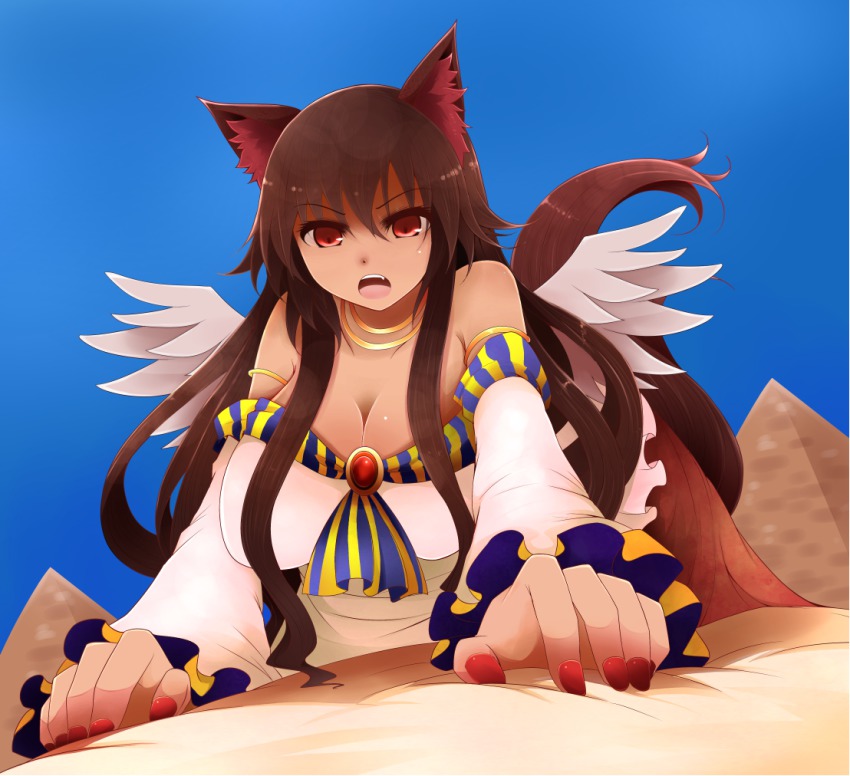 1girl adapted_costume all_fours alternate_skin_color ancient_egyptian ancient_egyptian_clothes animal_ears arano_oki bare_shoulders bed blue_sky breasts brooch brown_eyes brown_hair cleavage dark-skinned_female dark_skin day detached_sleeves fang female_focus frilled_sleeves frills great_pyramid_of_giza hanging_breasts imaizumi_kagerou jewelry large_breasts long_hair long_sleeves lots_of_jewelry nail_polish necklace open_mouth pyramid pyramid_(structure) red_nails skirt sky solo sphinx tail tan touhou very_long_hair wings wolf_ears wolf_tail