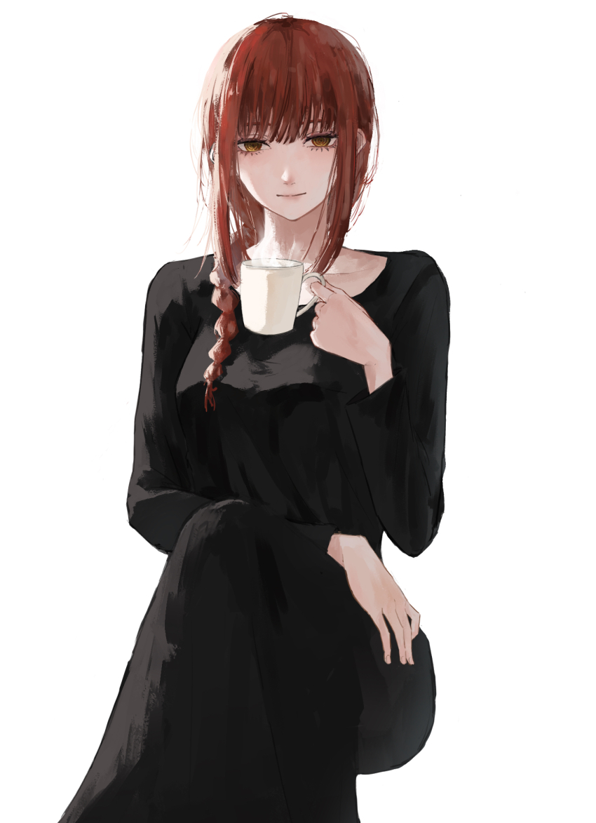 1girl black_dress braid braided_ponytail chainsaw_man collarbone commentary cup dress feet_out_of_frame highres holding holding_cup invisible_chair light_smile long_sleeves makima_(chainsaw_man) mug red_eyes ringed_eyes sidelocks simple_background sitting solo steam ushi_yo white_background yellow_eyes