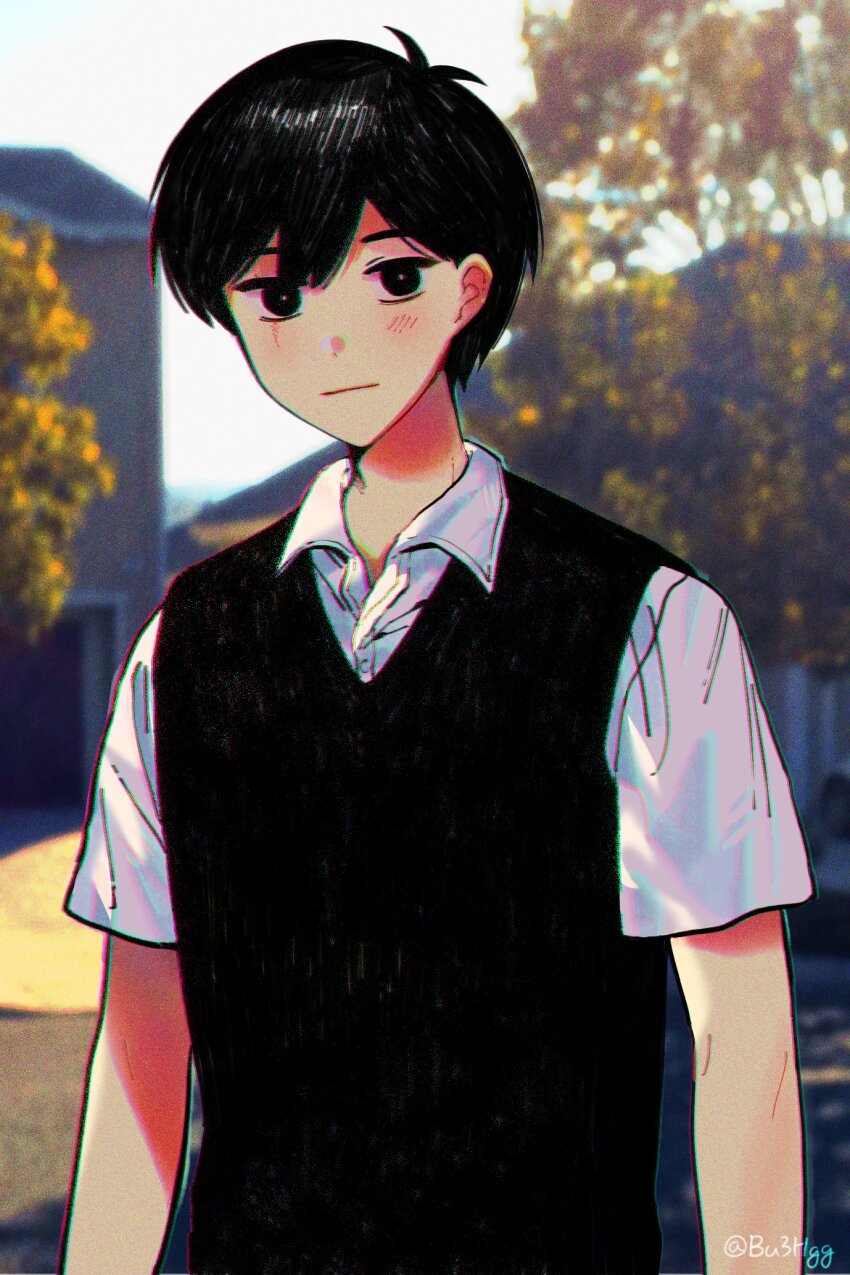 1boy antenna_hair artist_name black_eyes black_hair black_sweater_vest bright_pupils bu3hgg closed_mouth collared_shirt day highres house looking_at_viewer male_focus omori outdoors photo_background shirt short_hair short_sleeves simple_background solo sunny_(omori) sweater_vest tree twitter_username white_pupils white_shirt
