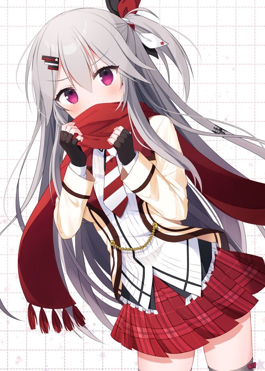 1girl absurdres adjusting_scarf aiyan black_gloves black_thighhighs blush bow bow_legwear commentary_request covered_mouth dutch_angle eyelashes eyes_visible_through_hair fingerless_gloves floating_hair fringe_trim gloves grey_hair hair_between_eyes hair_ribbon hanasaki_work_spring hands_up highres jacket long_hair long_scarf long_sleeves looking_at_viewer miniskirt necktie one_side_up open_clothes open_jacket pink_eyes plaid_clothes plaid_skirt pleated_skirt red_bow red_scarf red_skirt ribbon scarf school_uniform shiranui_inori shirt sidelocks simple_background skirt solo straight_hair striped_necktie thighhighs tsurime very_long_hair white_background white_shirt yellow_jacket zettai_ryouiki