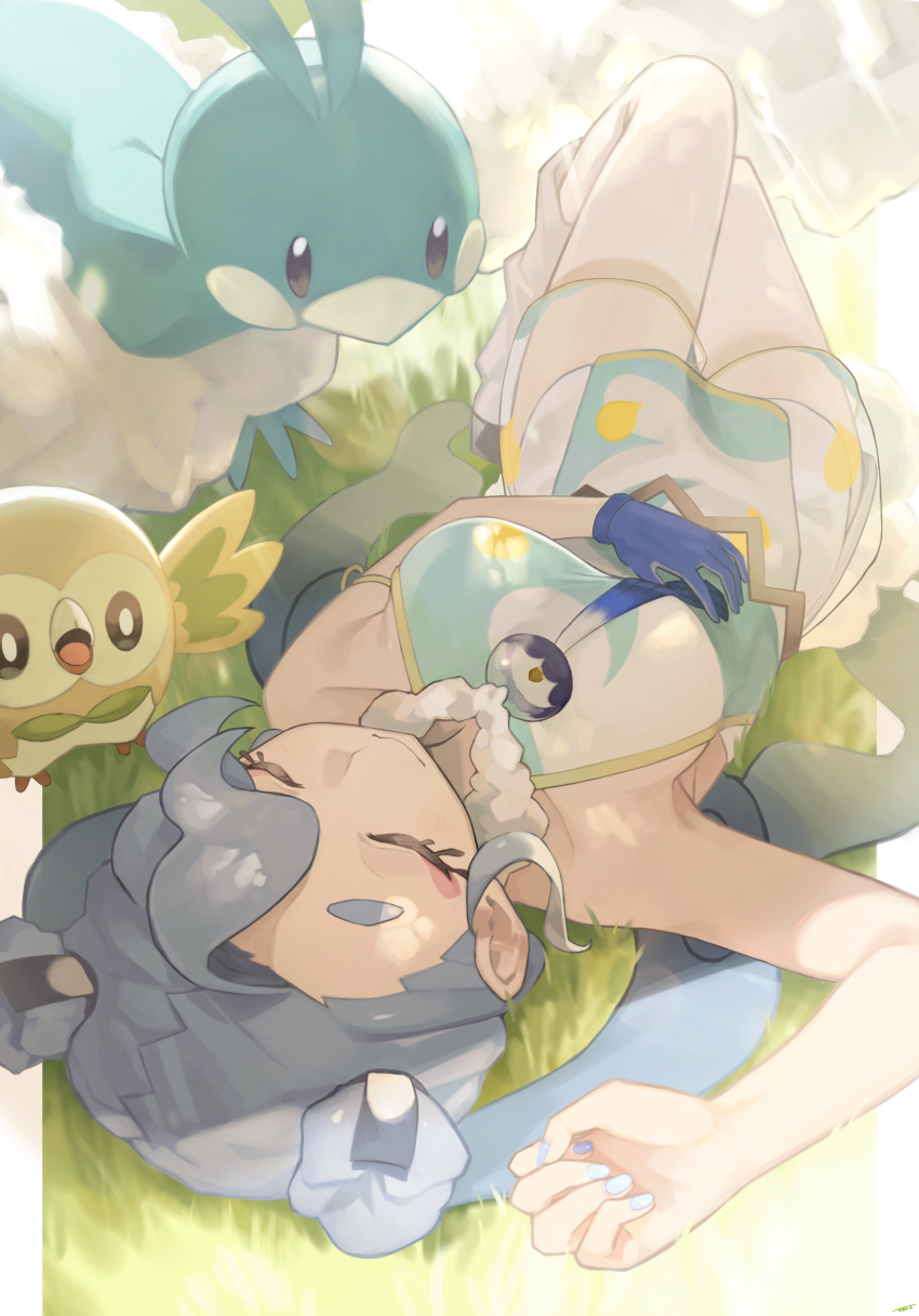 1girl absurdres altaria blue_gloves blue_nails closed_eyes closed_mouth commentary_request day eyelashes flying_miku_(project_voltage) gen_3_pokemon gen_7_pokemon gloves grass hand_on_own_stomach hatsune_miku highres long_hair loose_socks lying nail_polish nintendo on_back outdoors pokemon pokemon_(creature) project_voltage rowlet see-through_clothes see-through_shorts shorts single_glove socks twintails tyaui_(xjju4435) vocaloid