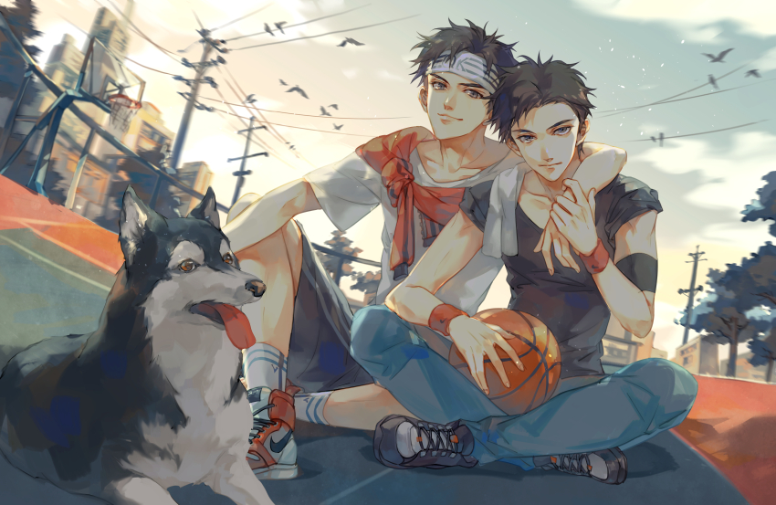 2boys absurdres animal ball basketball_(object) basketball_hoop basketball_uniform bird black_hair brown_eyes building character_request cloud day dog headband highres holding holding_ball indian_style jiujiangzi_benren looking_at_viewer male_focus multiple_boys official_art outdoors power_lines qing_kuang shirt shoes short_hair shorts sitting sky smile sneakers sportswear sweatband tree watermark wristband yaoi