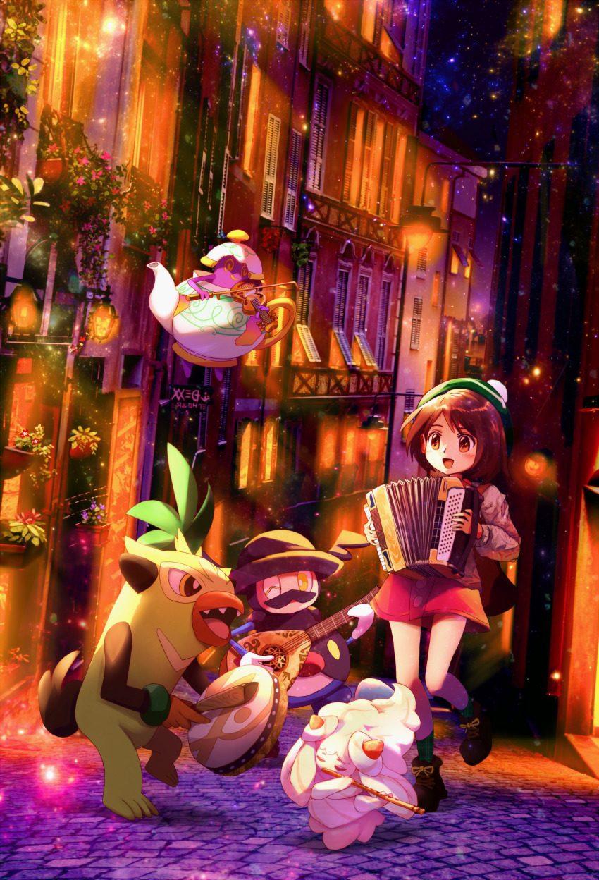 1girl absurdres accordion alcremie blush bob_cut boots brown_eyes brown_footwear brown_hair buttons cardigan dress game_freak gen_8_pokemon gloria_(pokemon) green_headwear green_legwear grey_cardigan hat highres holding instrument instrument_request mr._rime music nintendo pink_dress plaid_clothes plaid_legwear plaid_socks playing_instrument pokemon pokemon_(creature) pokemon_swsh polteageist ribero road short_hair socks standing standing_on_one_leg street swept_bangs tam_o&#039;_shanter thwackey violin