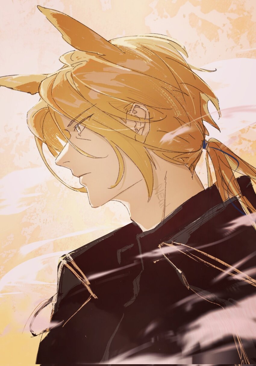 100z 1boy adam&#039;s_apple animal_ears arknights black_jacket black_shirt blonde_hair closed_mouth collared_shirt commentary hashtag-only_commentary highres horse_boy horse_ears jacket long_hair male_focus mlynar_(arknights) open_clothes open_jacket ponytail profile shirt solo upper_body wing_collar yellow_eyes