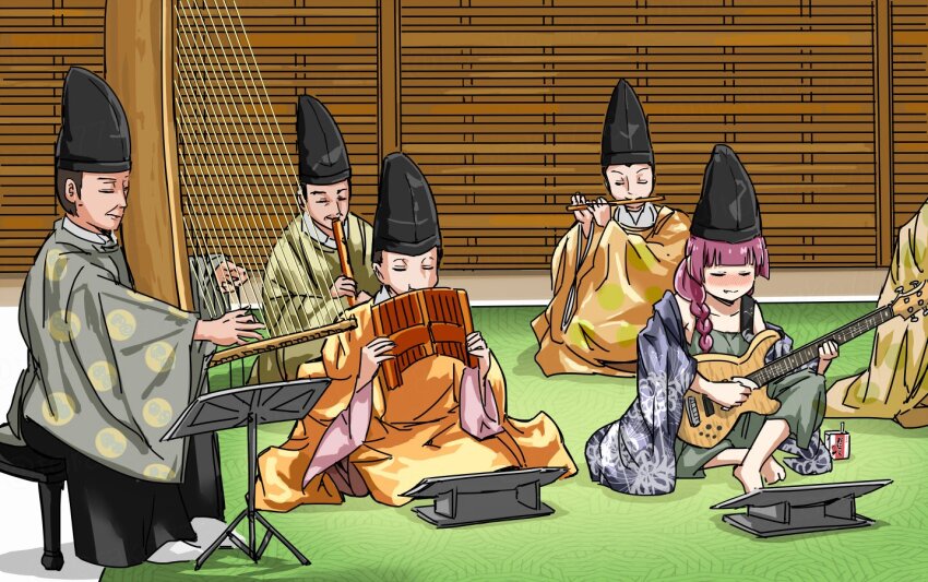 1girl 5boys alcohol_carton bachi barefoot bass_guitar black_hair black_hat blunt_bangs blush bocchi_the_rock! closed_eyes closed_mouth collarbone dress fang fang_out floral_print flute green_dress guitar hair_over_shoulder harp hat hiroi_kikuri holding holding_bass_guitar holding_flute holding_guitar holding_instrument instrument japanese_clothes kariginu long_hair long_sleeves low-braided_long_hair low-tied_long_hair medium_dress multiple_boys music nose_blush on_floor on_stool pan_flute pink_hair playing_bass_guitar playing_flute playing_guitar playing_instrument plectrum shadow short_hair sitting smile spider_lily_print stool tate_eboshi torako_(toramaru) twitter_username watermark wide_sleeves yamaha_trb