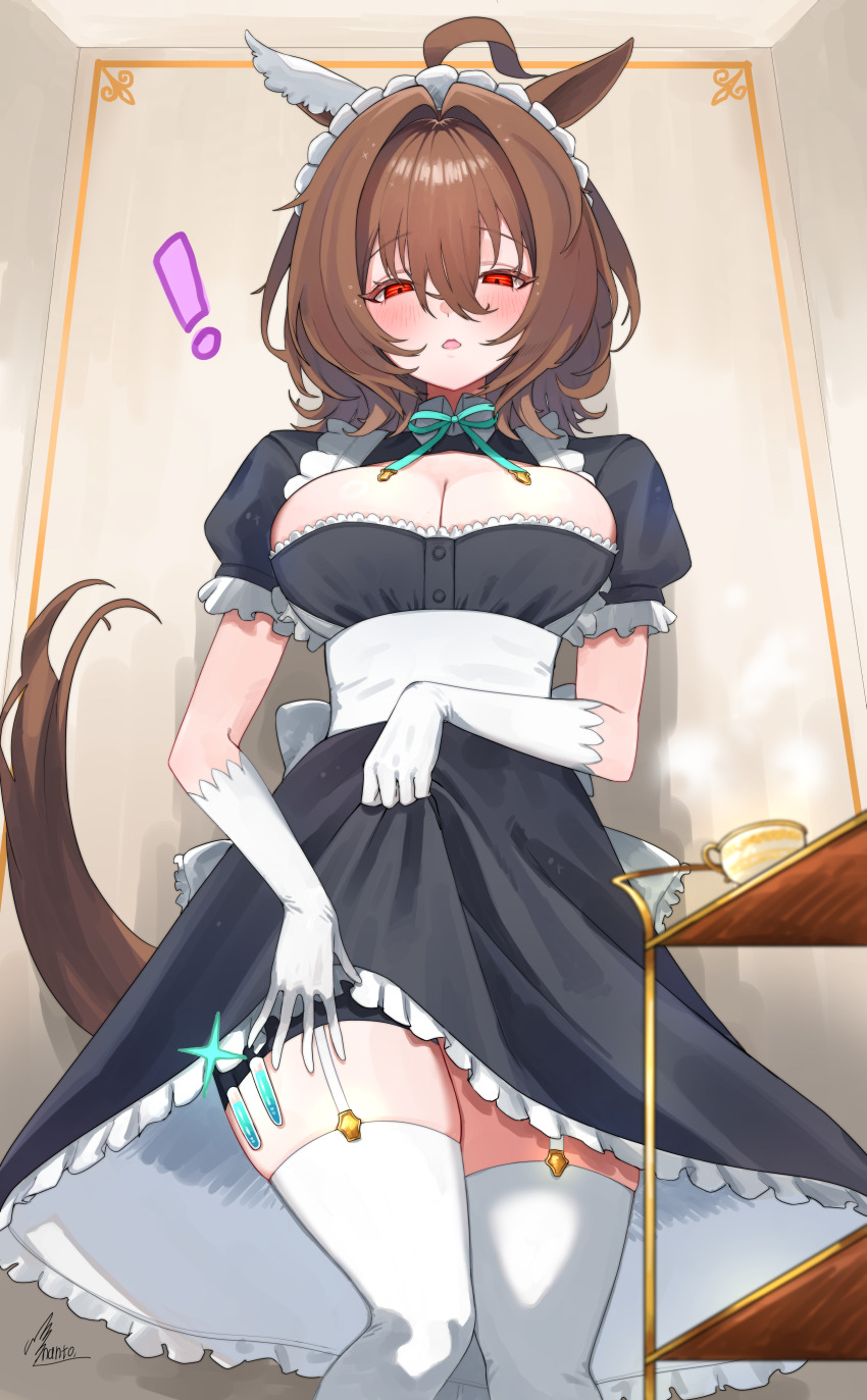 ! 1girl absurdres agnes_tachyon_(umamusume) ahoge alternate_costume black_skirt blush breasts brown_hair cleavage commentary_request enmaided garter_straps gloves hair_between_eyes highres horse_girl large_breasts looking_at_viewer maid maid_headdress open_mouth puffy_short_sleeves puffy_sleeves red_eyes short_hair short_sleeves signature skirt solo standing takatu_nanto thighhighs umamusume white_garter_straps white_gloves white_thighhighs
